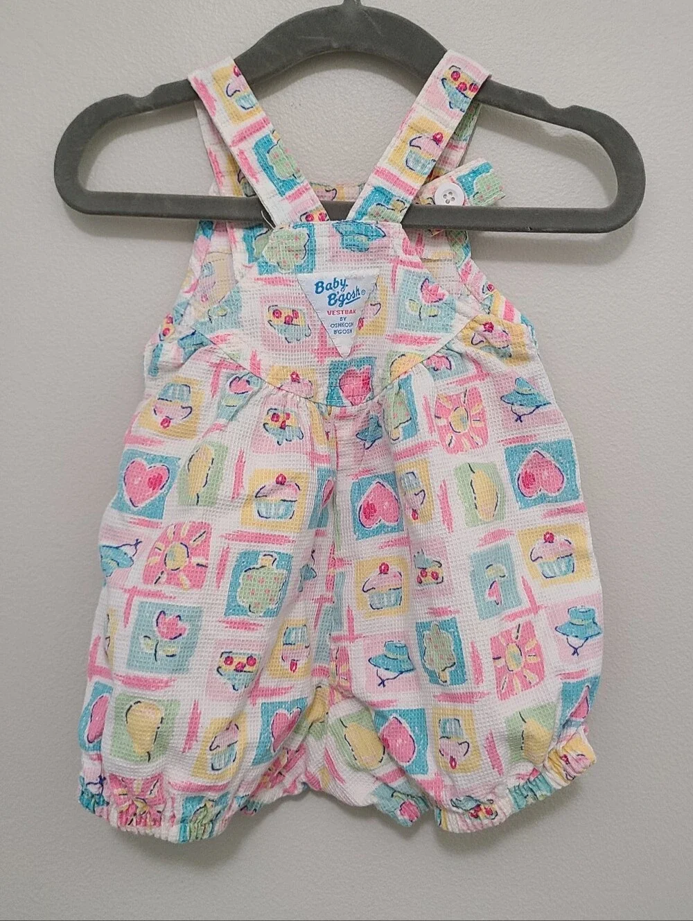 Vtg Oshkosh Baby B’Gosh Vestbak Overalls Bubble Romper Girls 3/6M Heart Flower